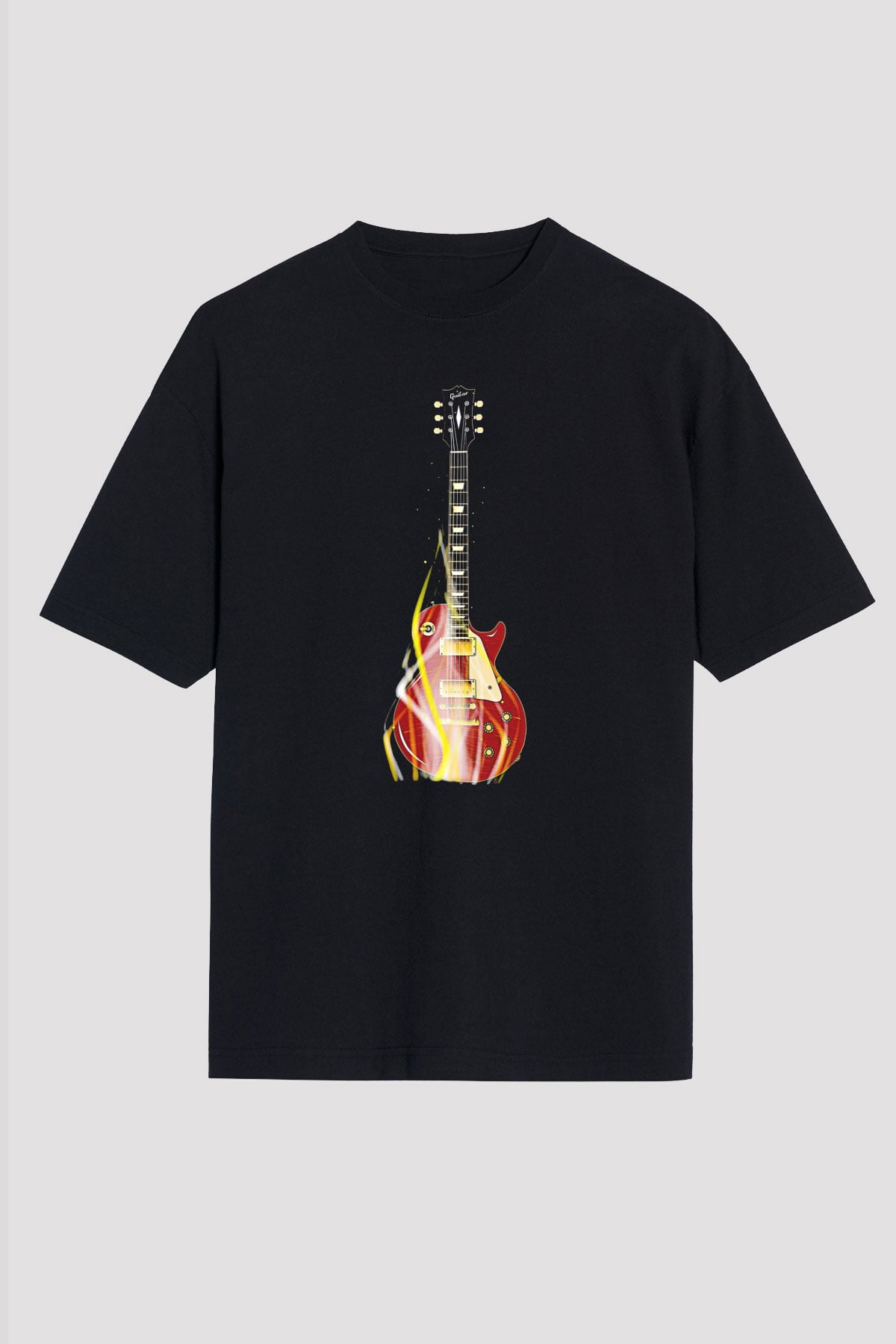 Elektro Gitar Baskılı Unisex Siyah Oversize Tişört - Tshirt