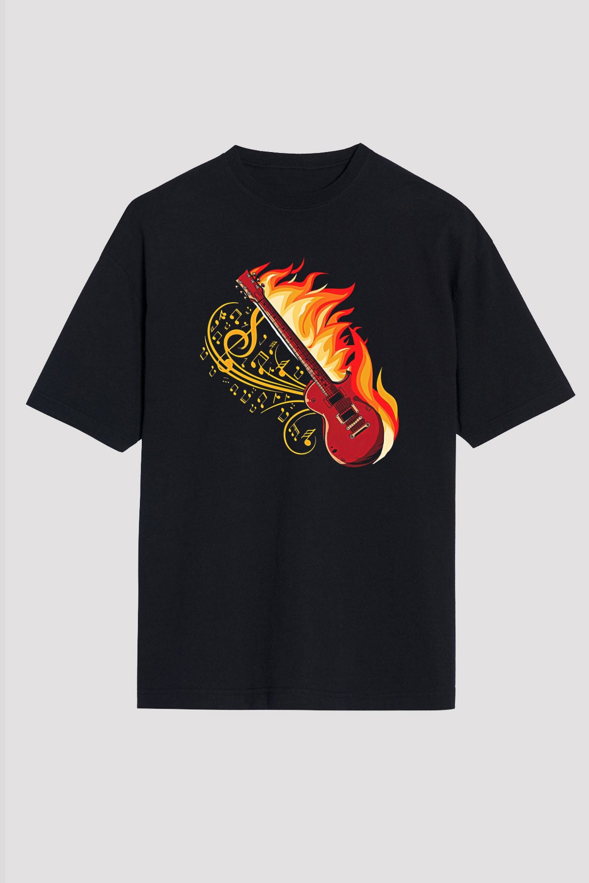 Elektro Gitar Baskılı Unisex Siyah Oversize Tişört - Tshirt