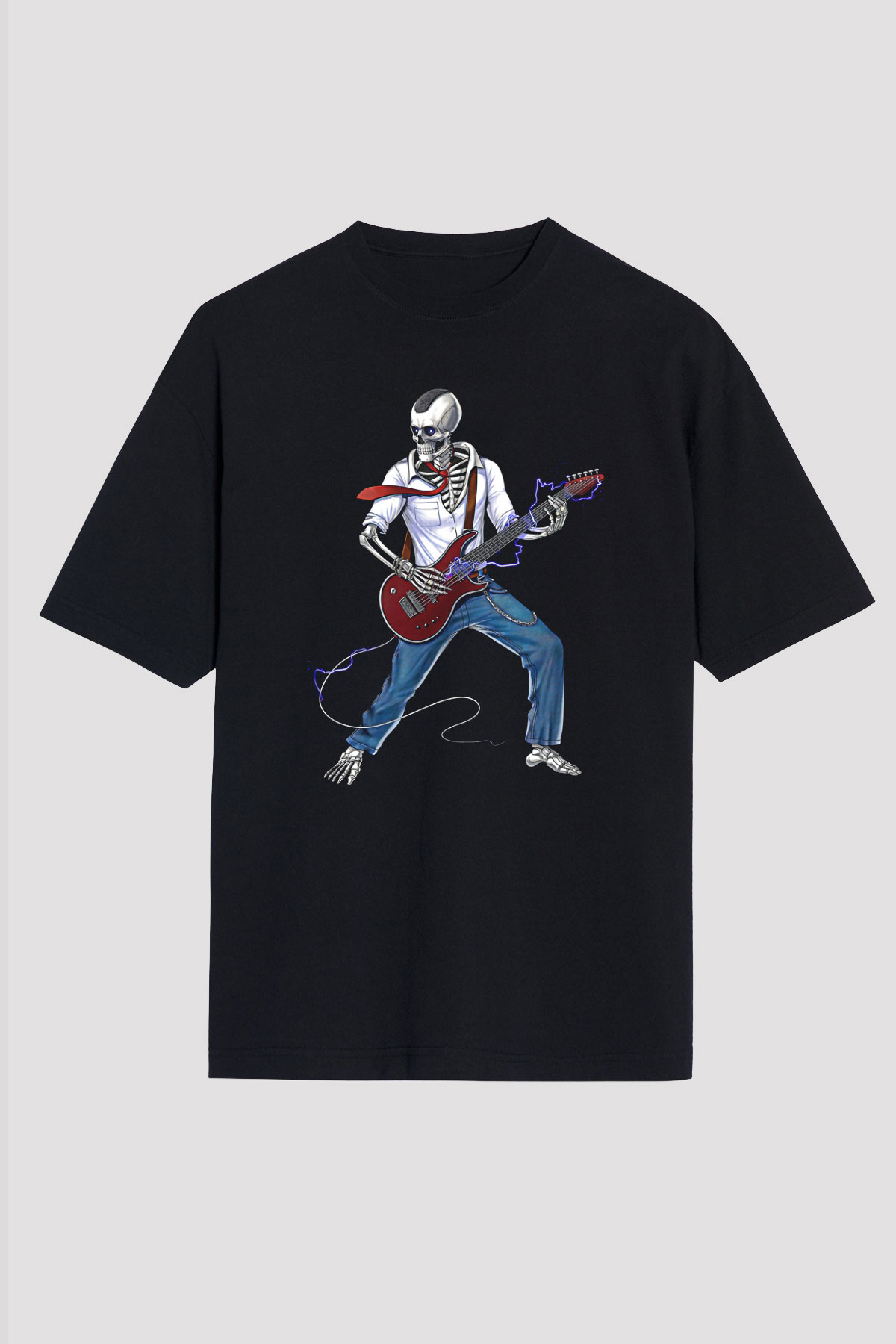 Elektro Gitar Baskılı Unisex Siyah Oversize Tişört - Tshirt