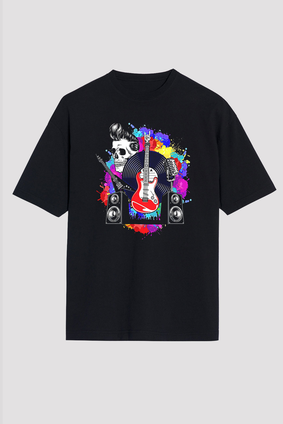 Elektro Gitar Baskılı Unisex Siyah Oversize Tişört - Tshirt