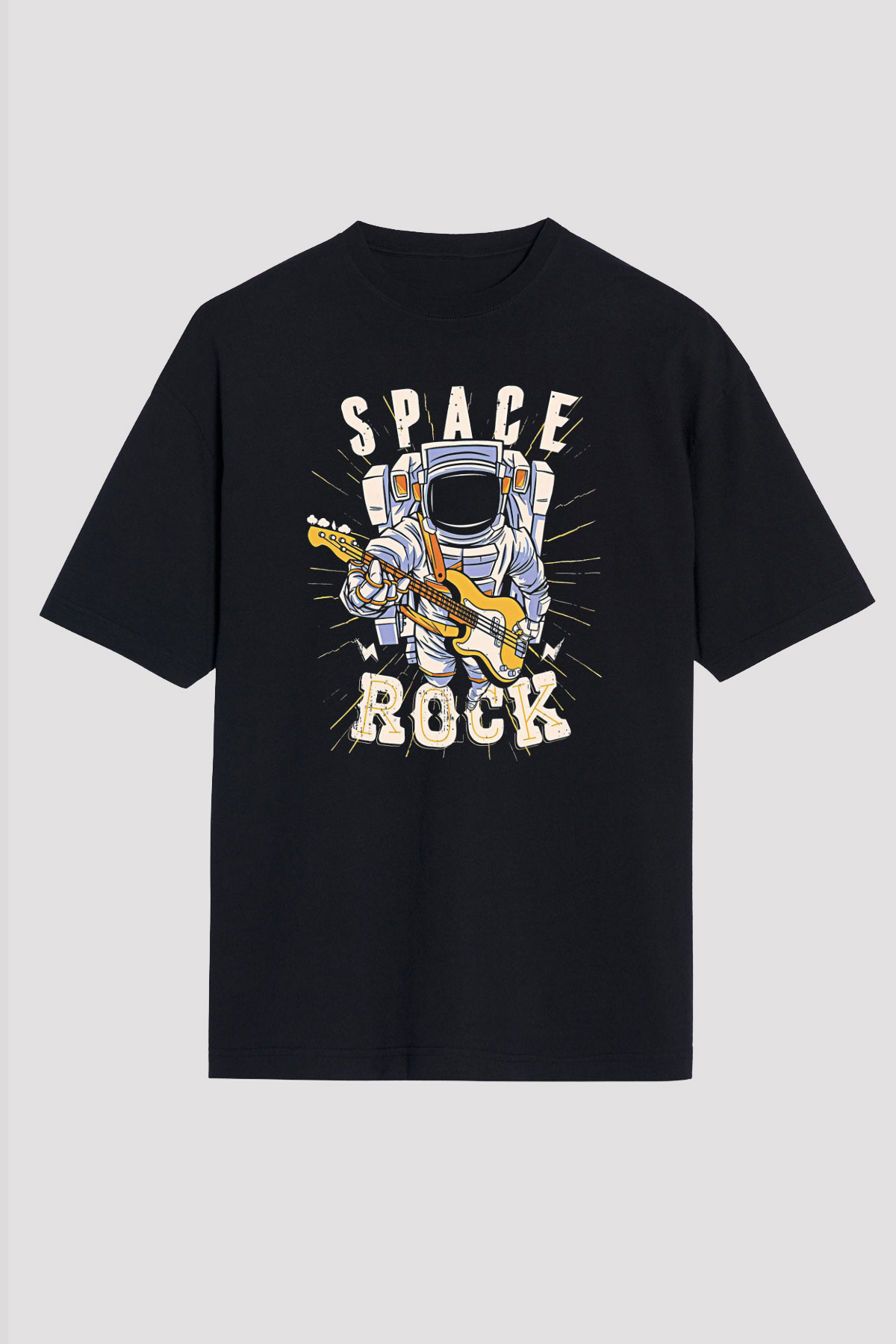 Elektro Gitar Baskılı Unisex Siyah Oversize Tişört - Tshirt