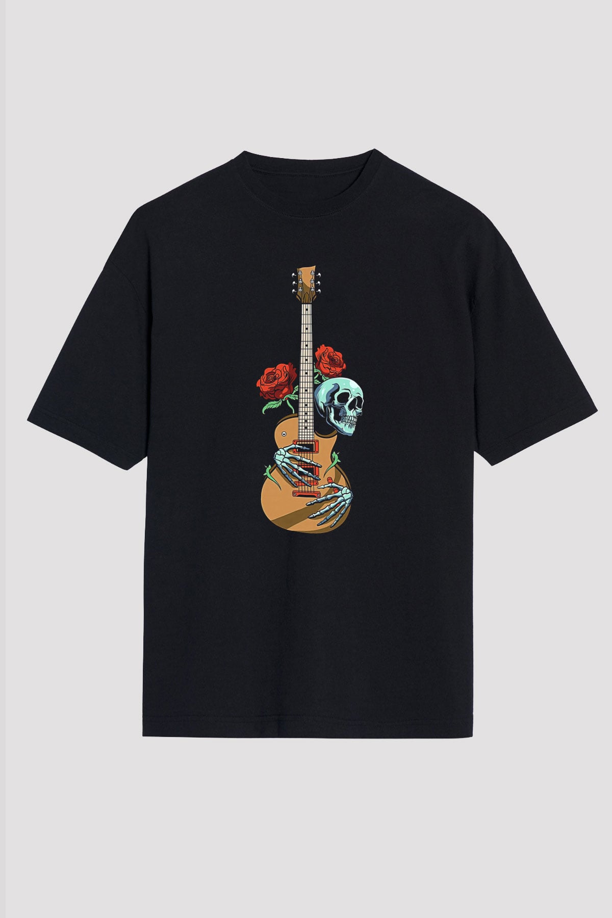 Elektro Gitar Baskılı Unisex Siyah Oversize Tişört - Tshirt