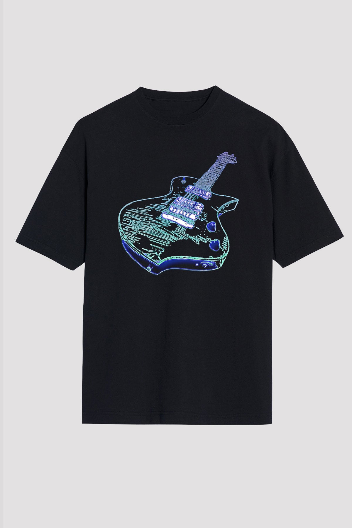 Elektro Gitar Baskılı Unisex Siyah Oversize Tişört - Tshirt