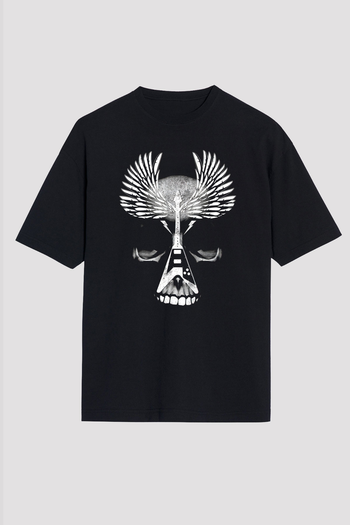 Elektro Gitar Baskılı Unisex Siyah Oversize Tişört - Tshirt