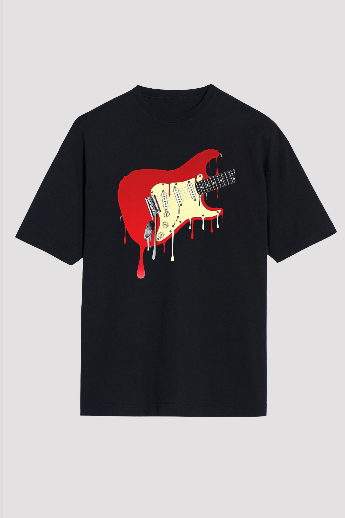 Elektro Gitar Baskılı Unisex Siyah Oversize Tişört - Tshirt