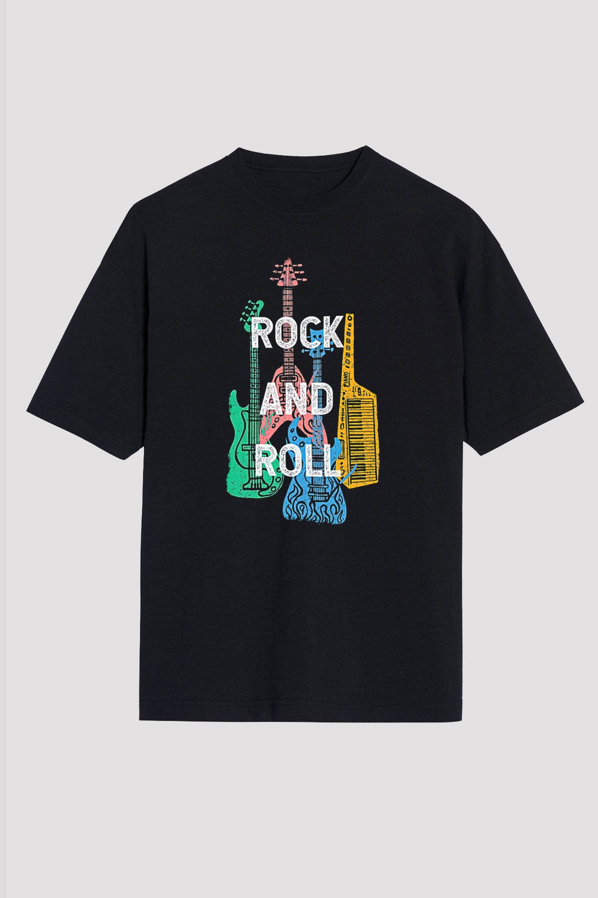 Elektro Gitar Baskılı Unisex Siyah Oversize Tişört - Tshirt