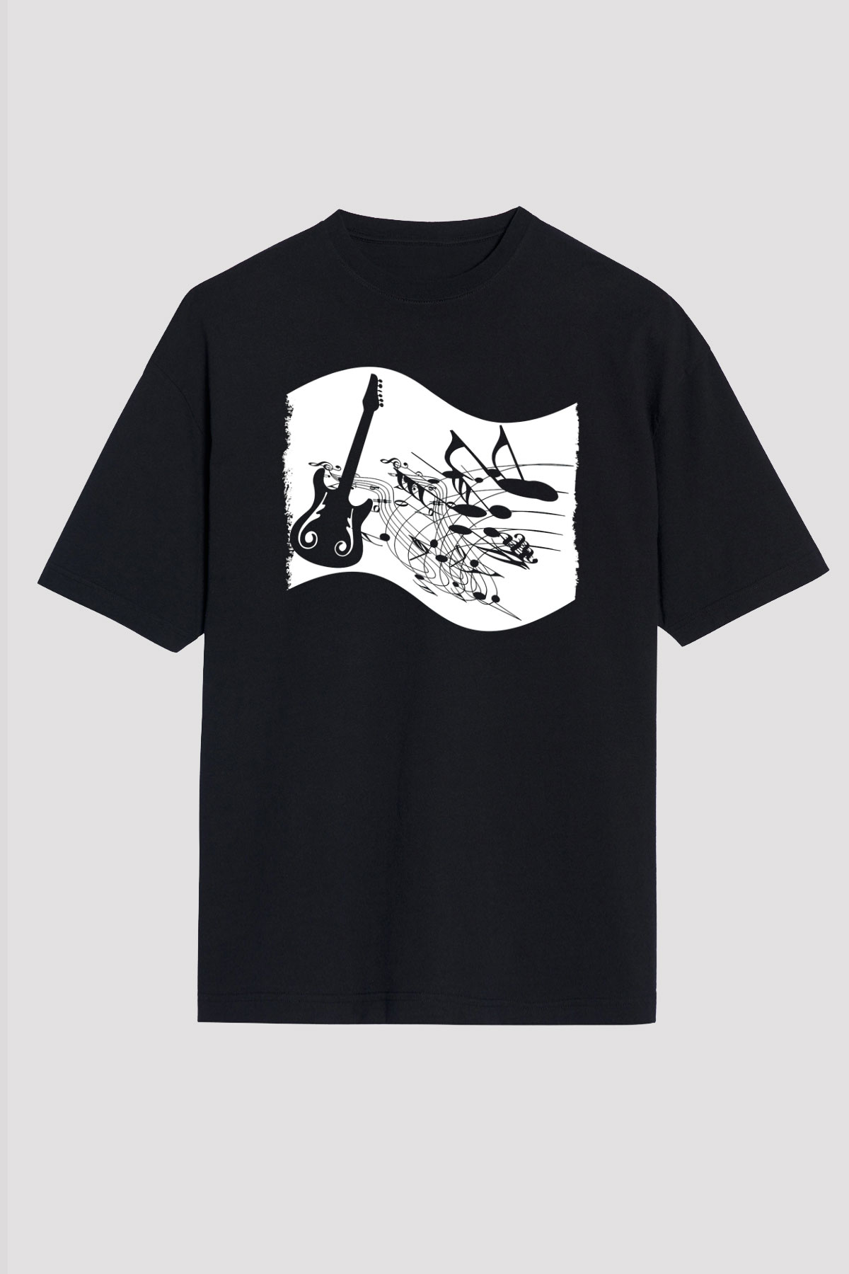 Elektro Gitar Baskılı Unisex Siyah Oversize Tişört - Tshirt