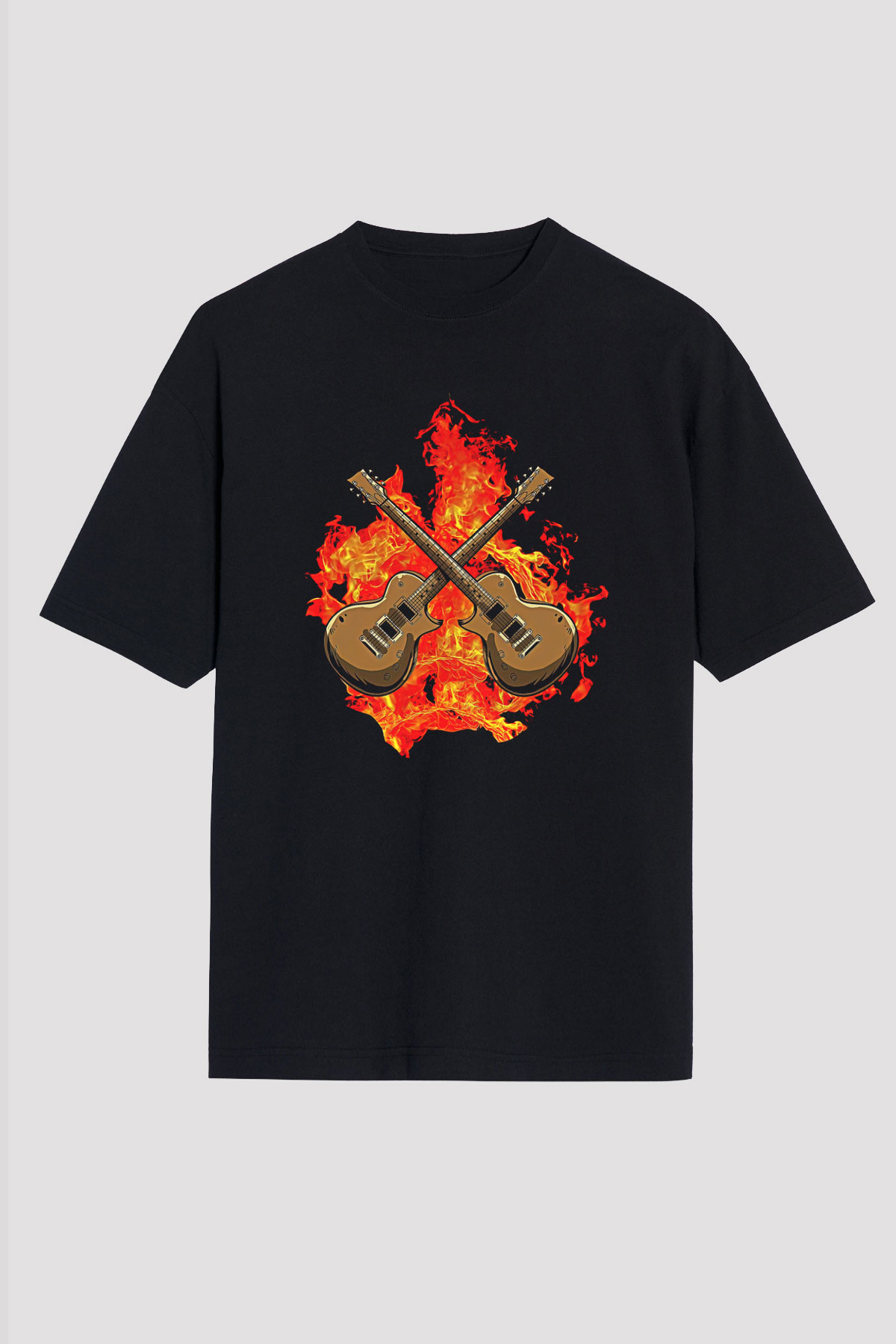 Elektro Gitar Baskılı Unisex Siyah Oversize Tişört - Tshirt