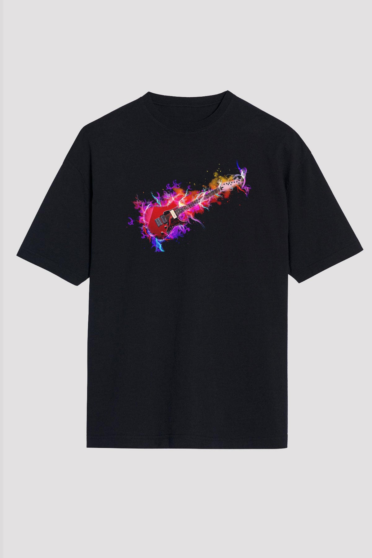 Elektro Gitar Baskılı Unisex Siyah Oversize Tişört - Tshirt