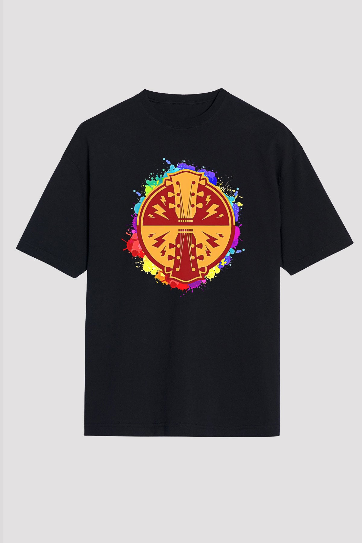 Elektro Gitar Baskılı Unisex Siyah Oversize Tişört - Tshirt