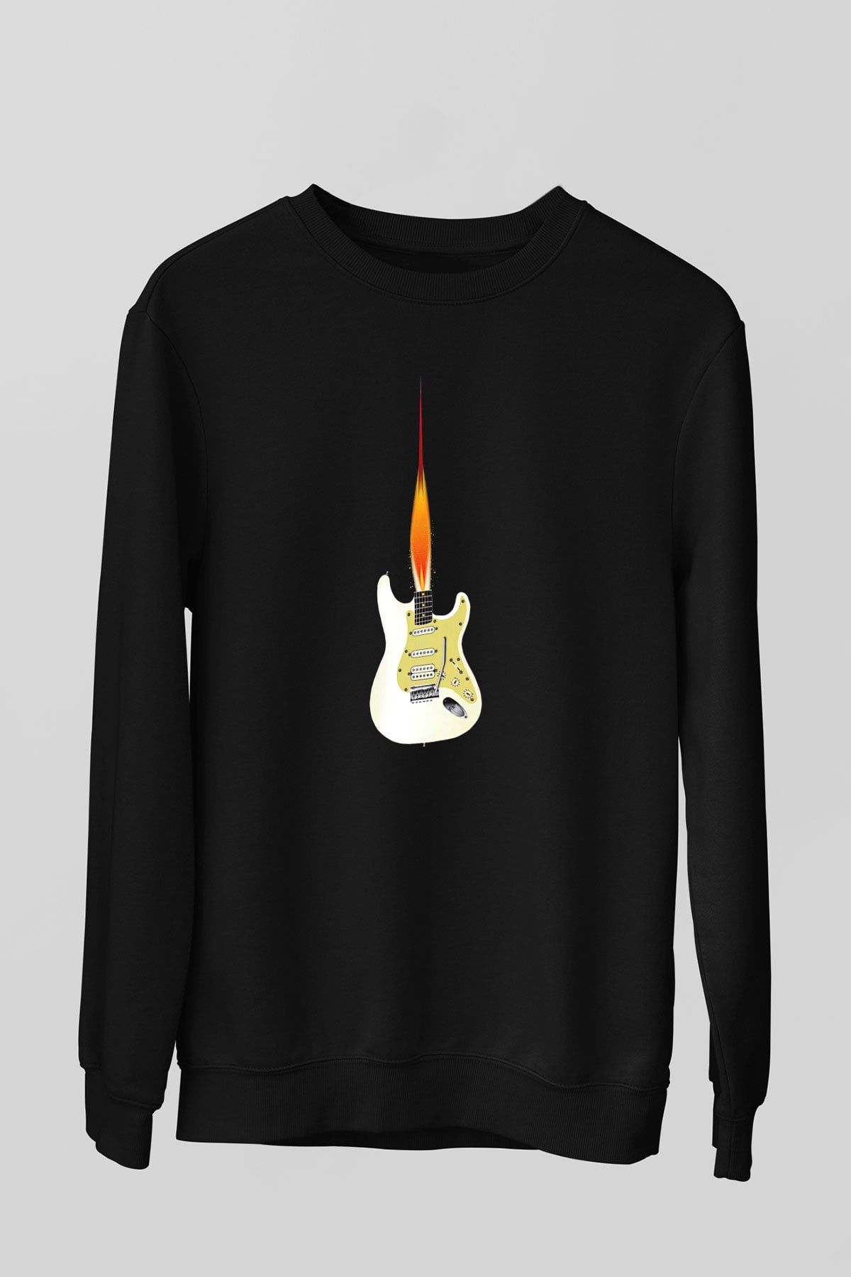 Elektro Gitar Baskılı Unisex Siyah Sweatshirt