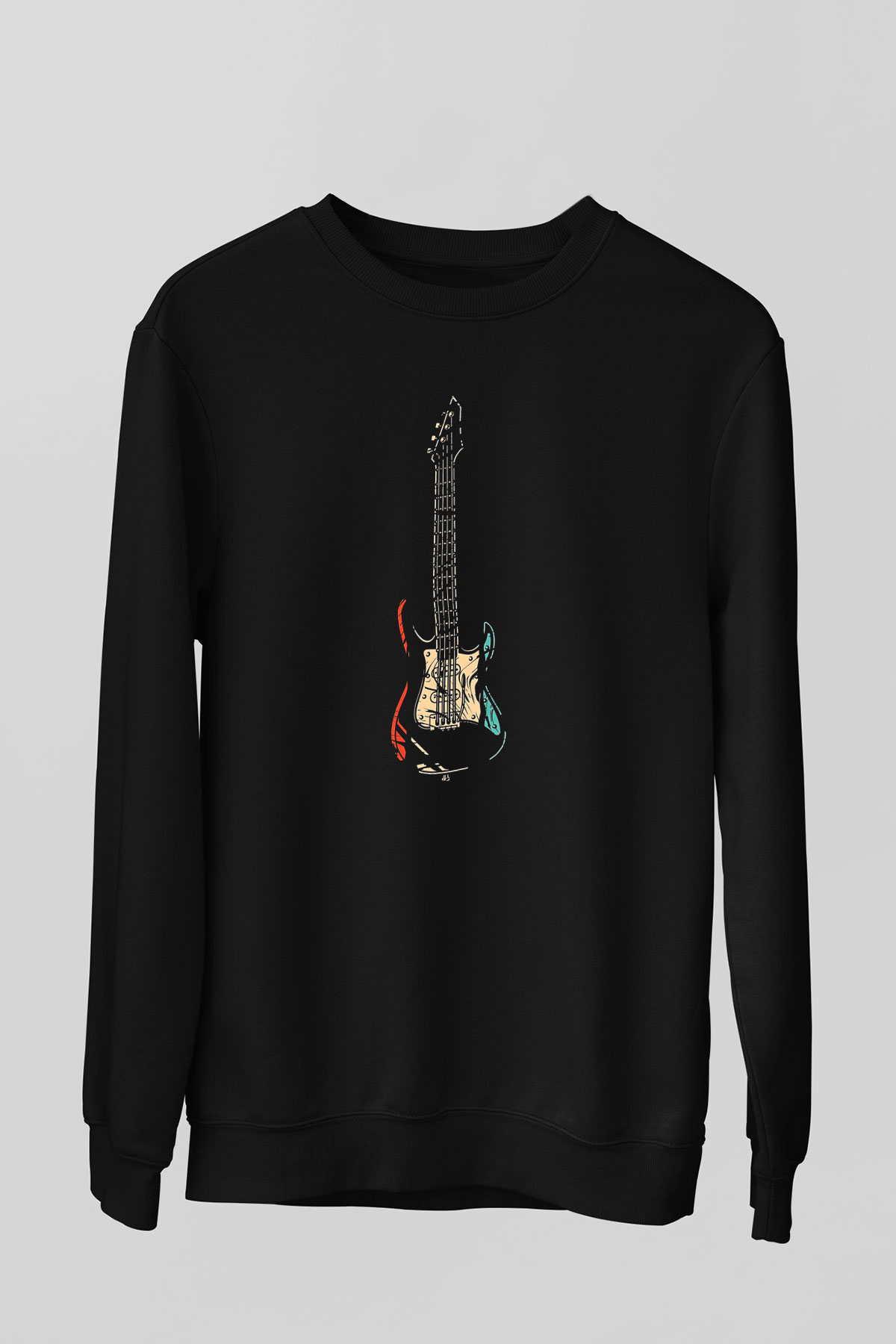 Elektro Gitar Baskılı Unisex Siyah Sweatshirt