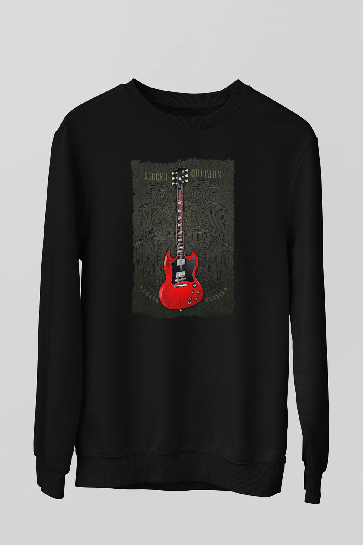 Elektro Gitar Baskılı Unisex Siyah Sweatshirt