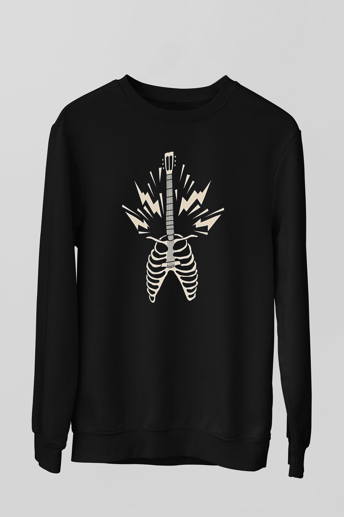Elektro Gitar Baskılı Unisex Siyah Sweatshirt