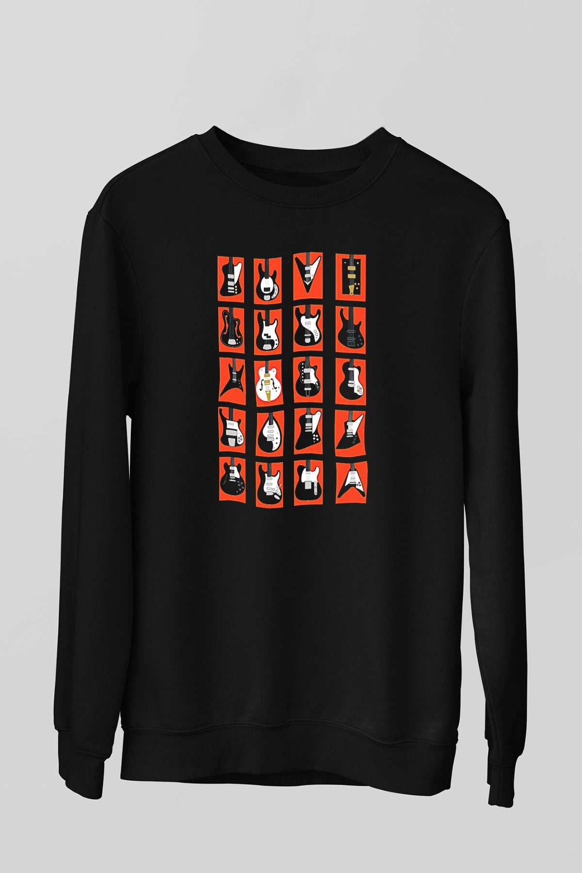 Elektro Gitar Baskılı Unisex Siyah Sweatshirt