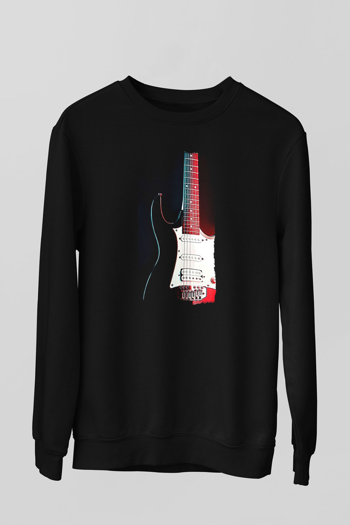 Elektro Gitar Baskılı Unisex Siyah Sweatshirt