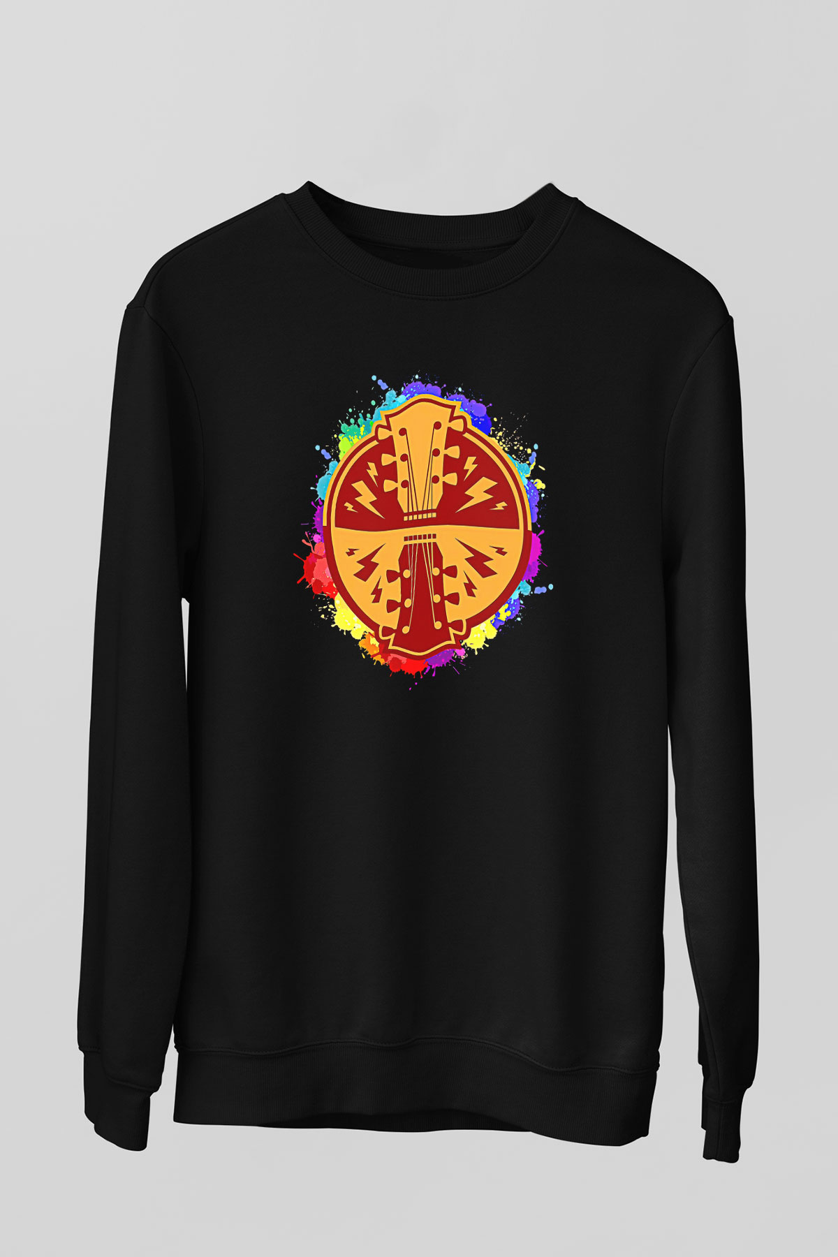 Elektro Gitar Baskılı Unisex Siyah Sweatshirt