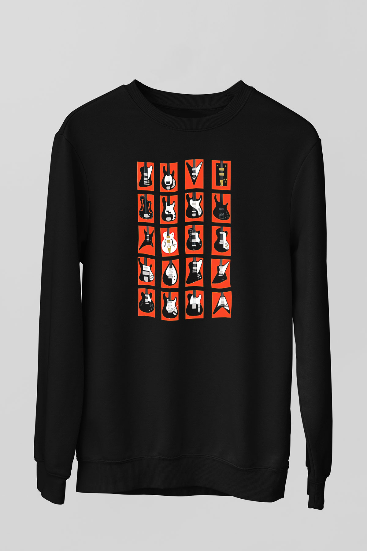 Elektro Gitar Baskılı Unisex Siyah Sweatshirt