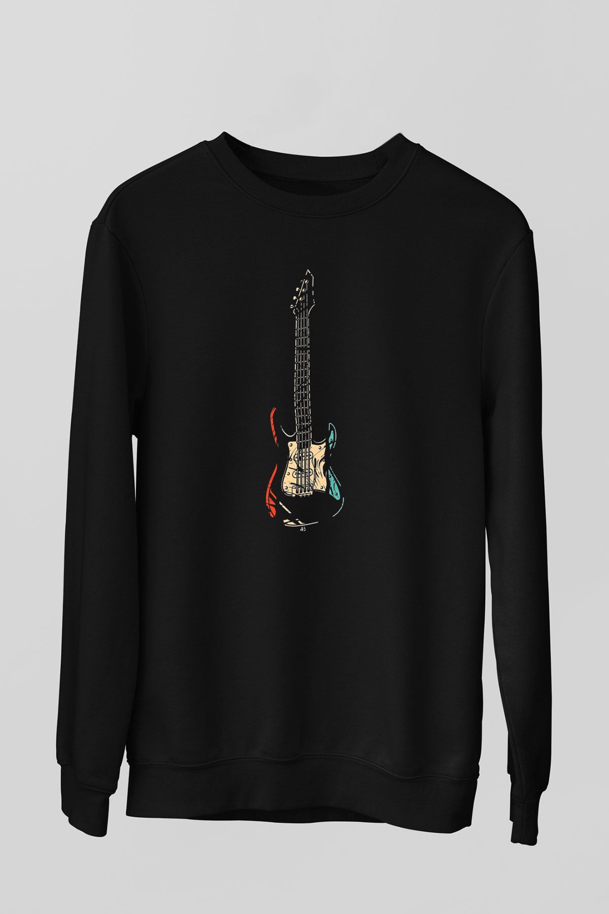 Elektro Gitar Baskılı Unisex Siyah Sweatshirt