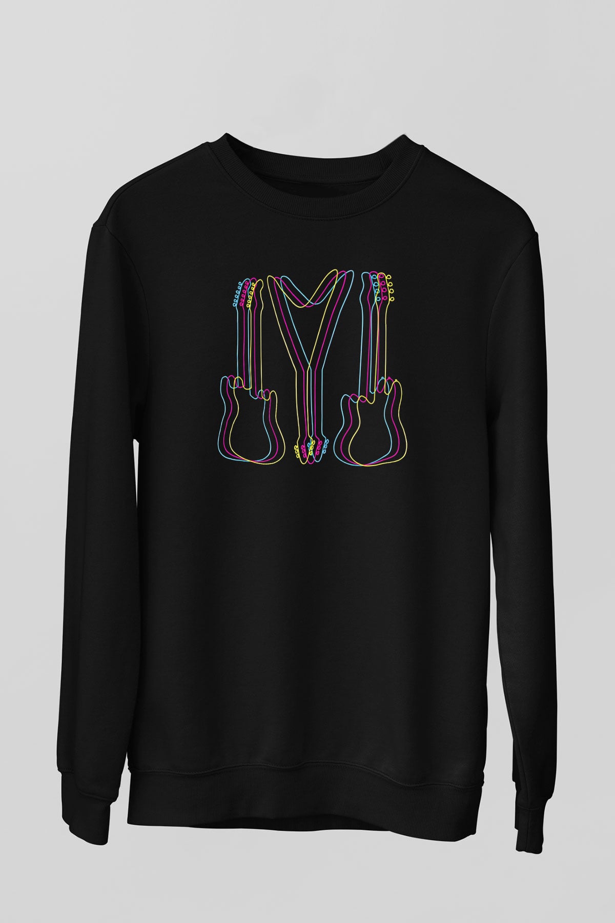 Elektro Gitar Baskılı Unisex Siyah Sweatshirt