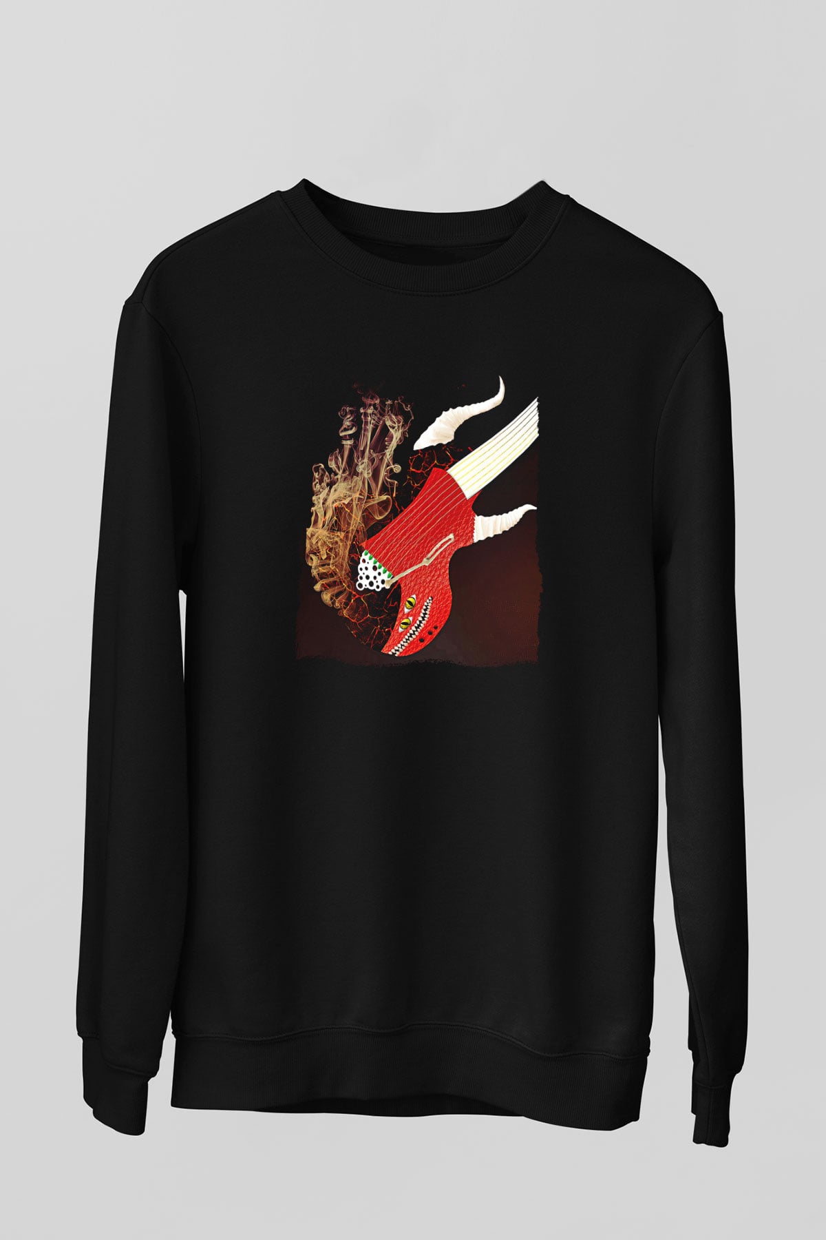 Elektro Gitar Baskılı Unisex Siyah Sweatshirt