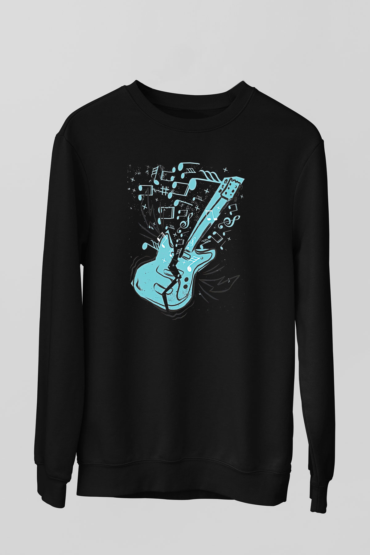 Elektro Gitar Baskılı Unisex Siyah Sweatshirt