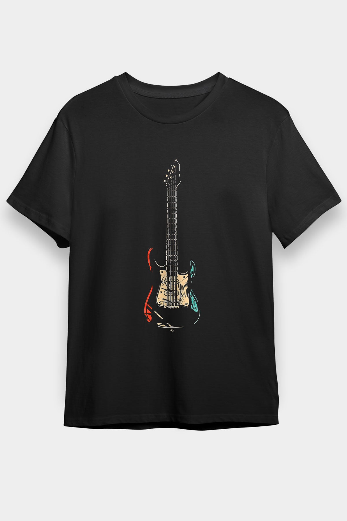 Elektro Gitar Baskılı Unisex Siyah Tişört - Tshirt