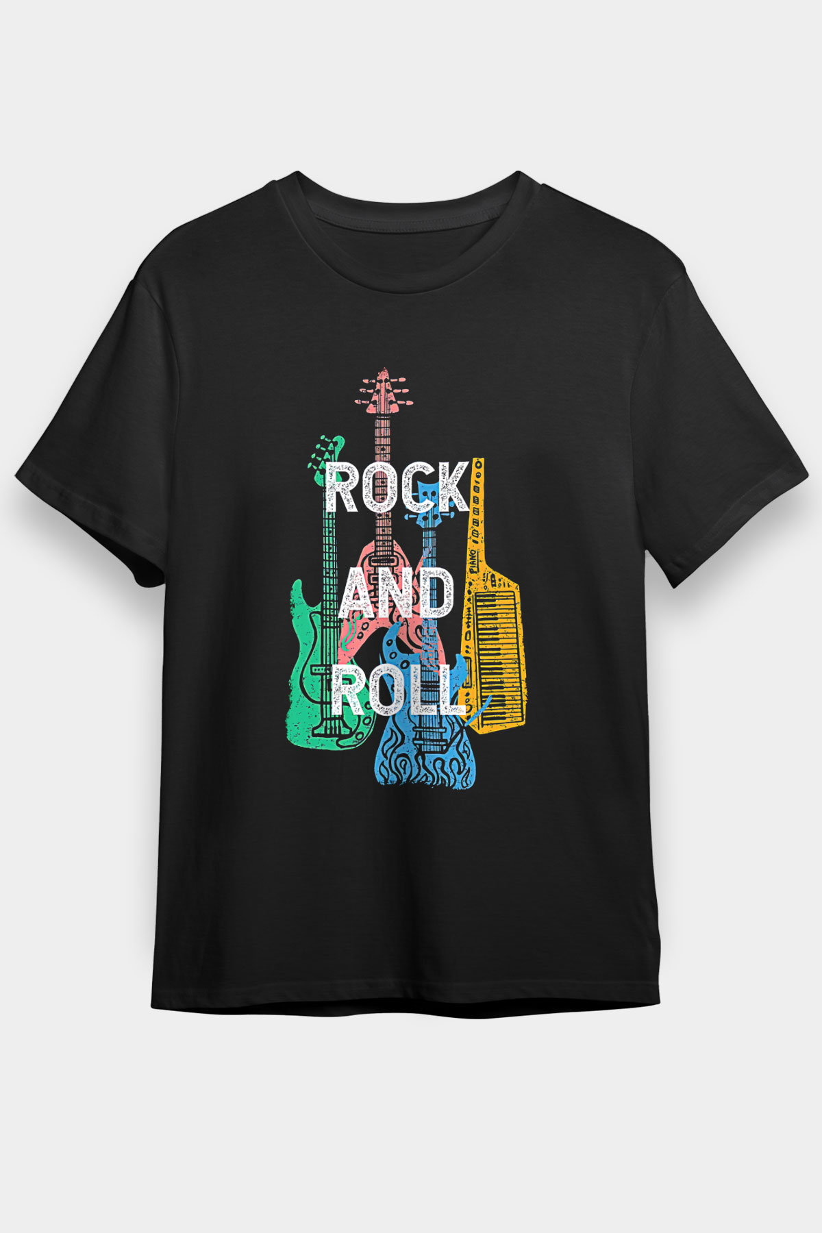 Elektro Gitar Baskılı Unisex Siyah Tişört - Tshirt