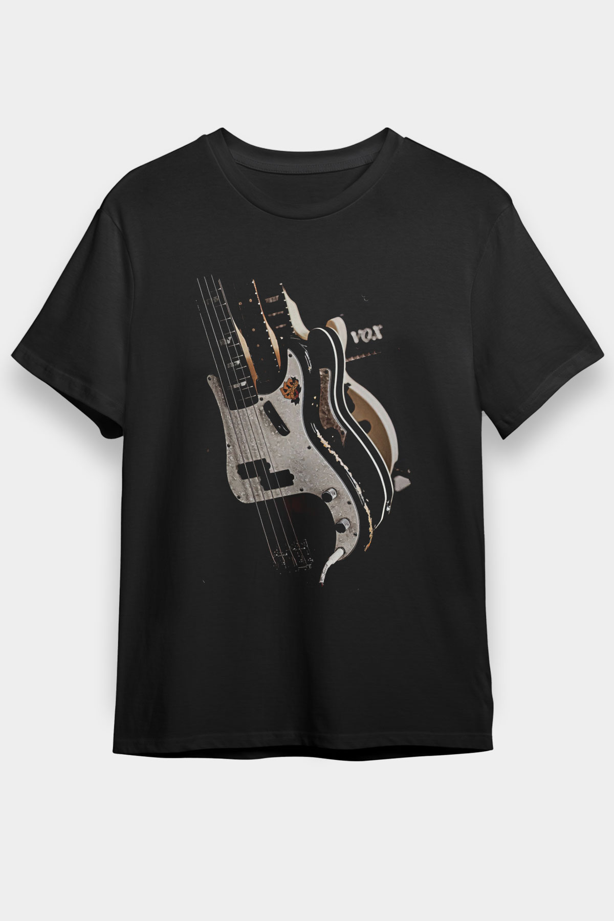 Elektro Gitar Baskılı Unisex Siyah Tişört - Tshirt