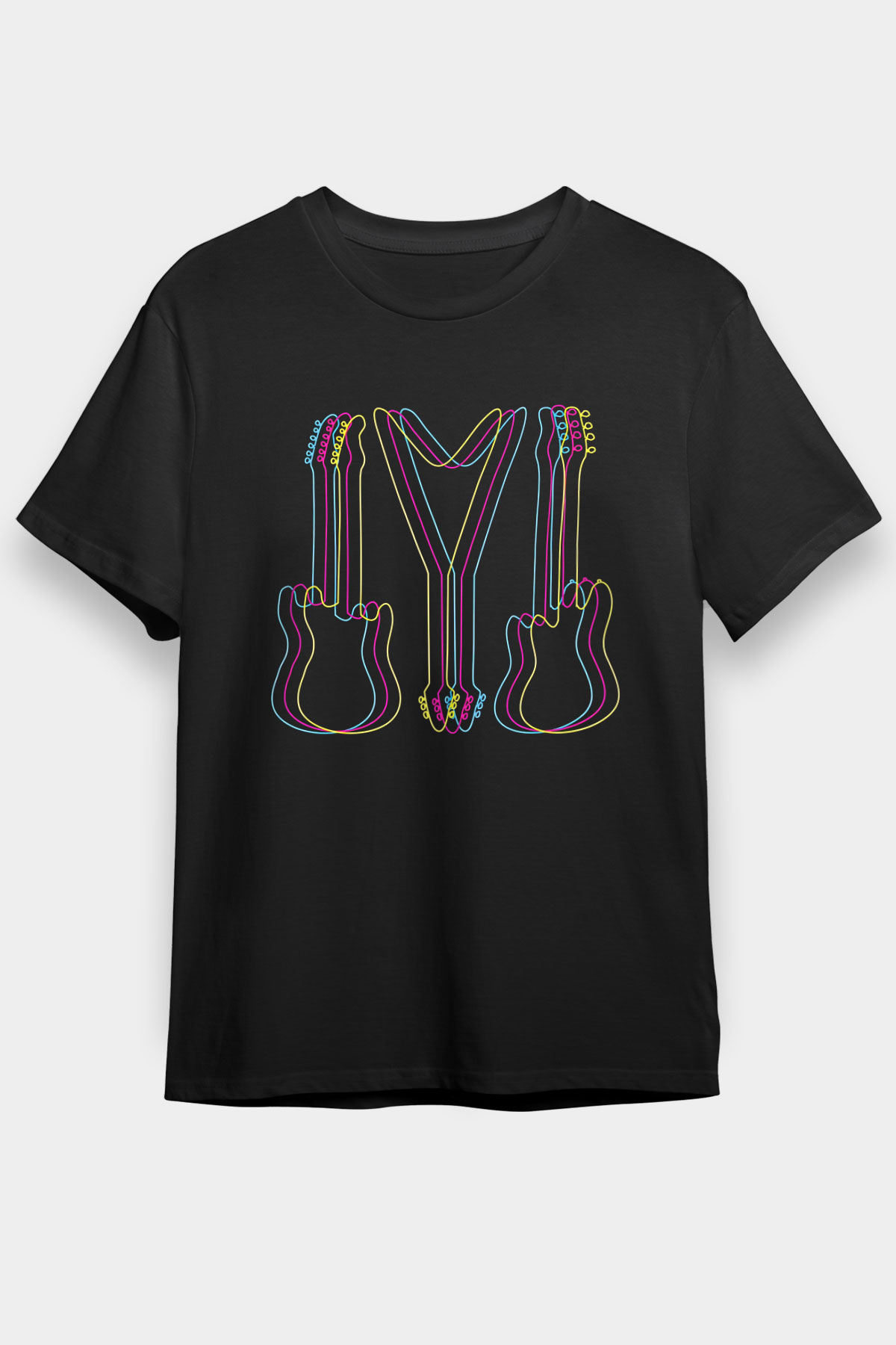Elektro Gitar Baskılı Unisex Siyah Tişört - Tshirt