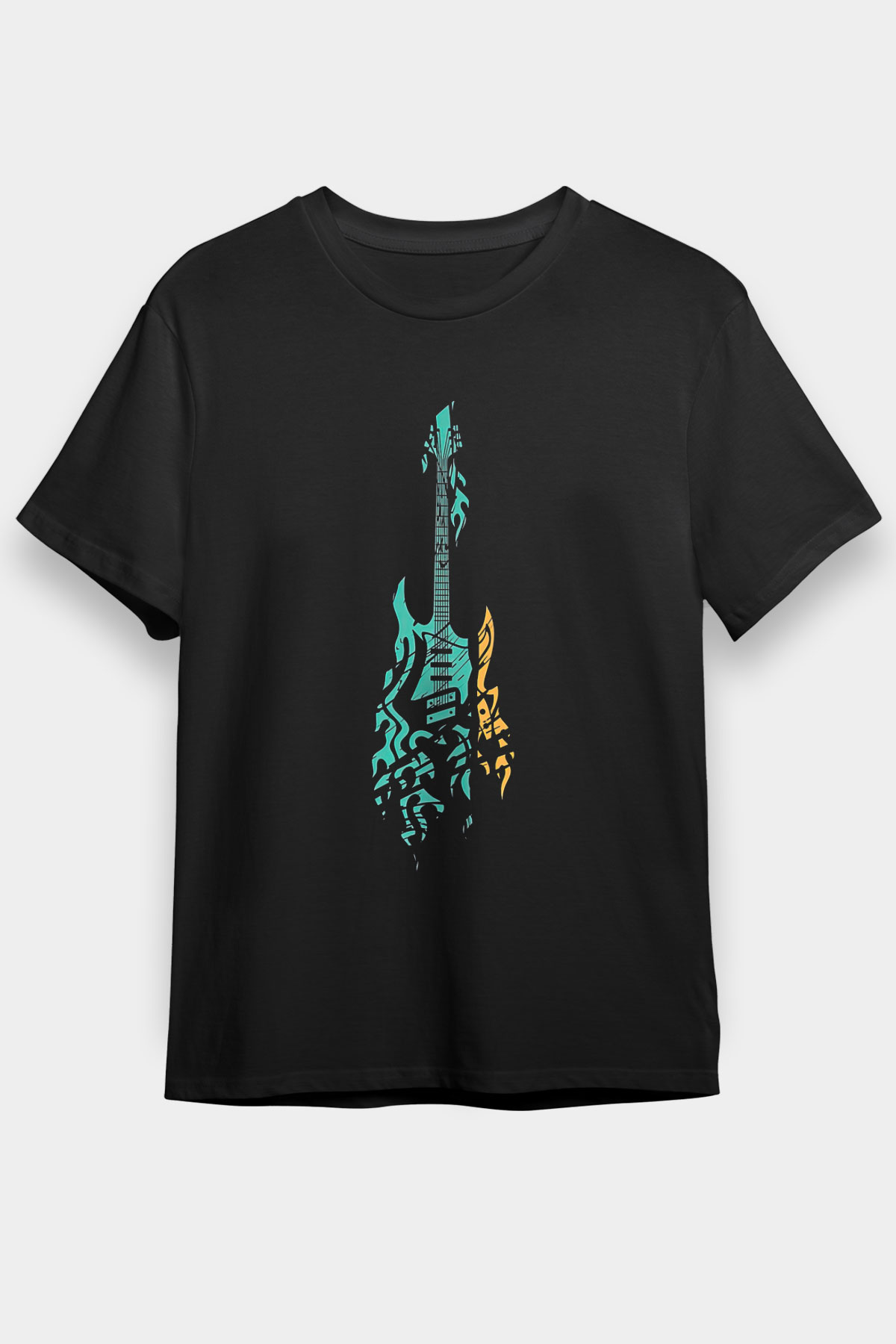 Elektro Gitar Baskılı Unisex Siyah Tişört - Tshirt