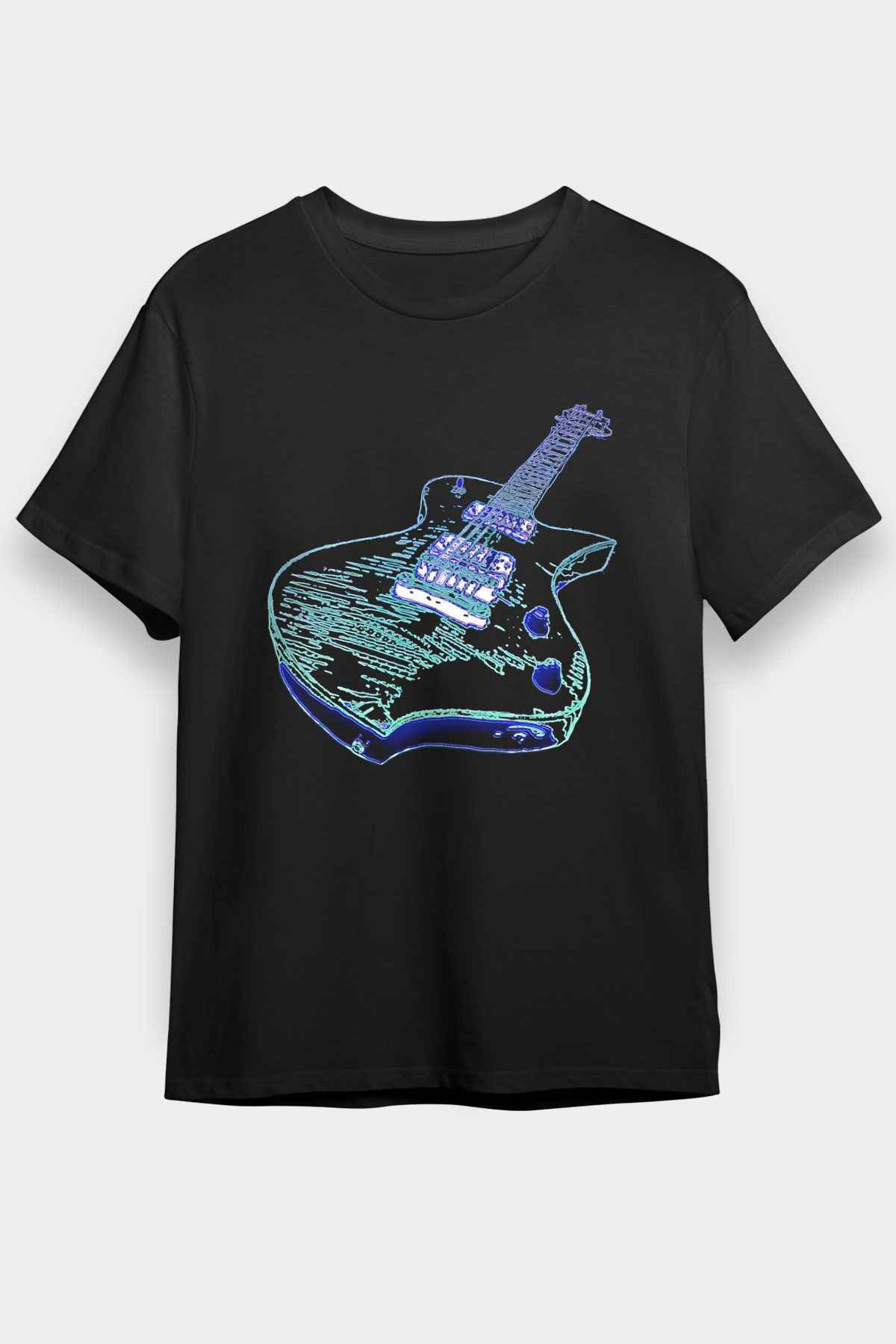 Elektro Gitar Baskılı Unisex Siyah Tişört - Tshirt