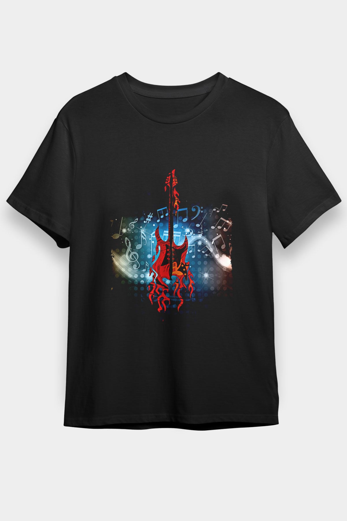 Elektro Gitar Baskılı Unisex Siyah Tişört - Tshirt