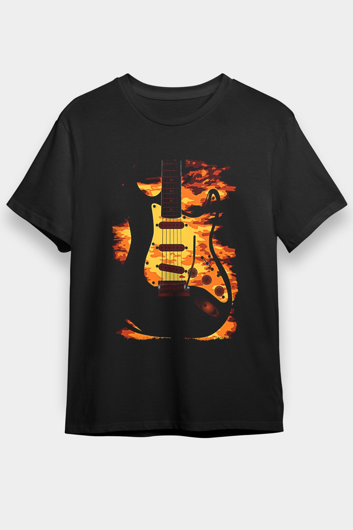 Elektro Gitar Baskılı Unisex Siyah Tişört - Tshirt