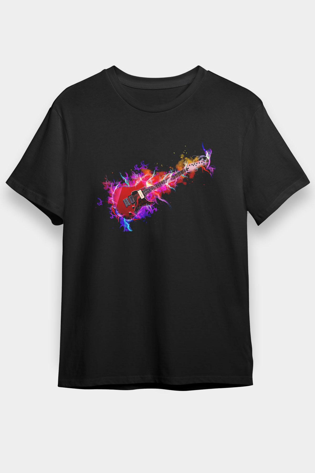 Elektro Gitar Baskılı Unisex Siyah Tişört - Tshirt