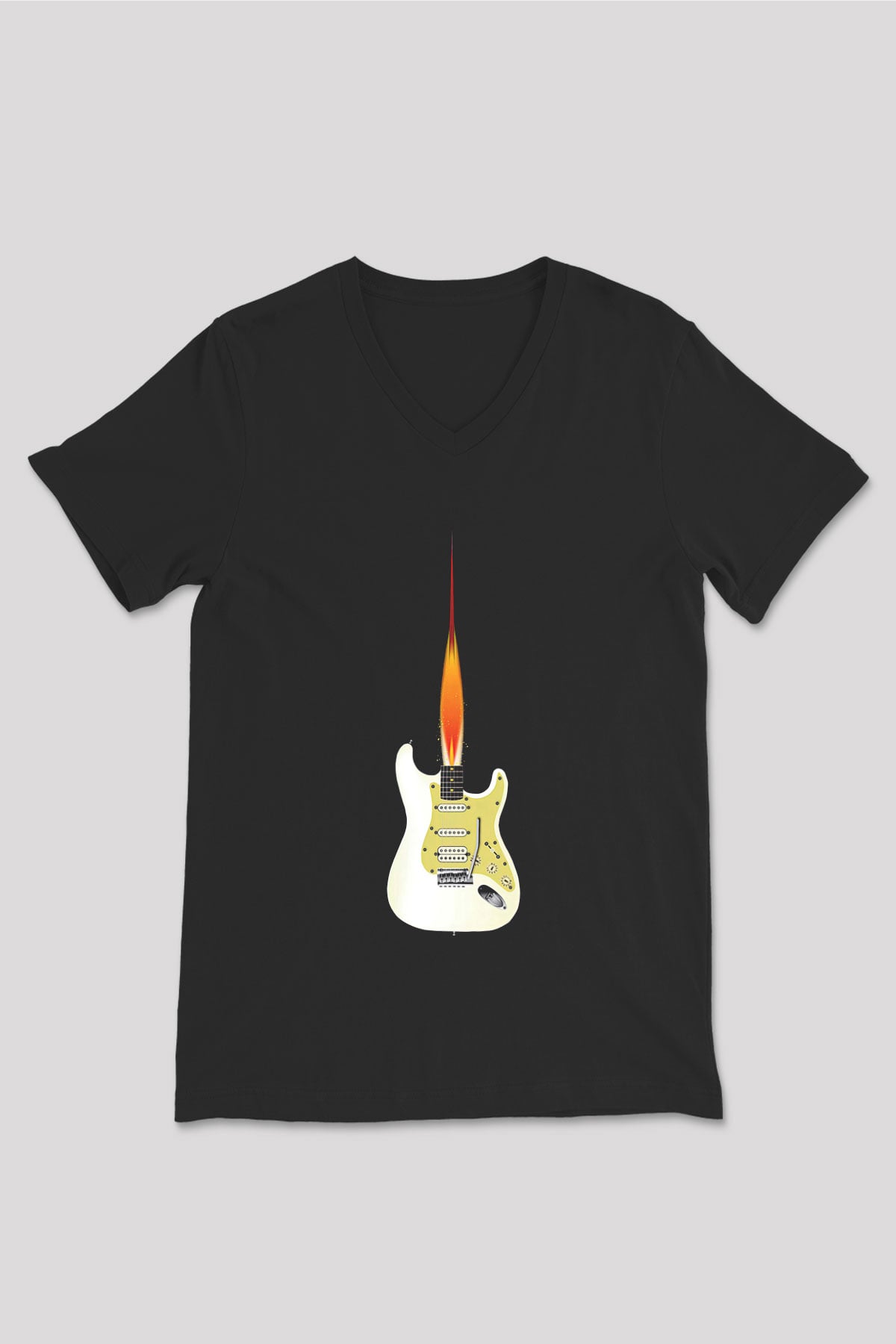 Elektro Gitar Baskılı Unisex Siyah V Yaka Tişört - Tshirt