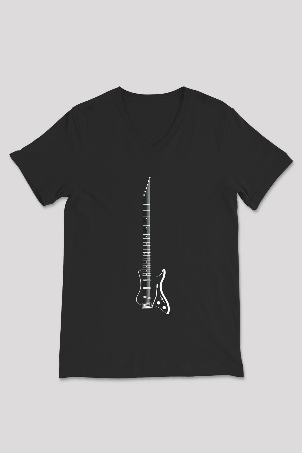 Elektro Gitar Baskılı Unisex Siyah V Yaka Tişört - Tshirt