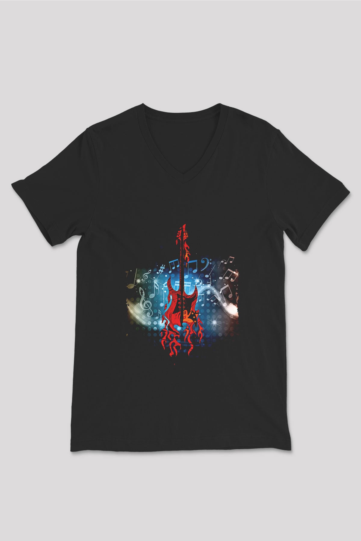 Elektro Gitar Baskılı Unisex Siyah V Yaka Tişört - Tshirt