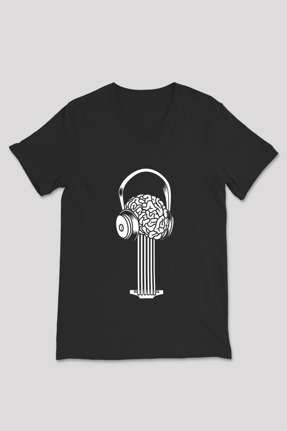 Elektro Gitar Baskılı Unisex Siyah V Yaka Tişört - Tshirt