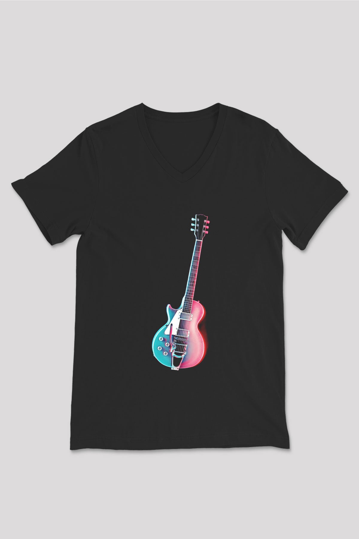 Elektro Gitar Baskılı Unisex Siyah V Yaka Tişört - Tshirt
