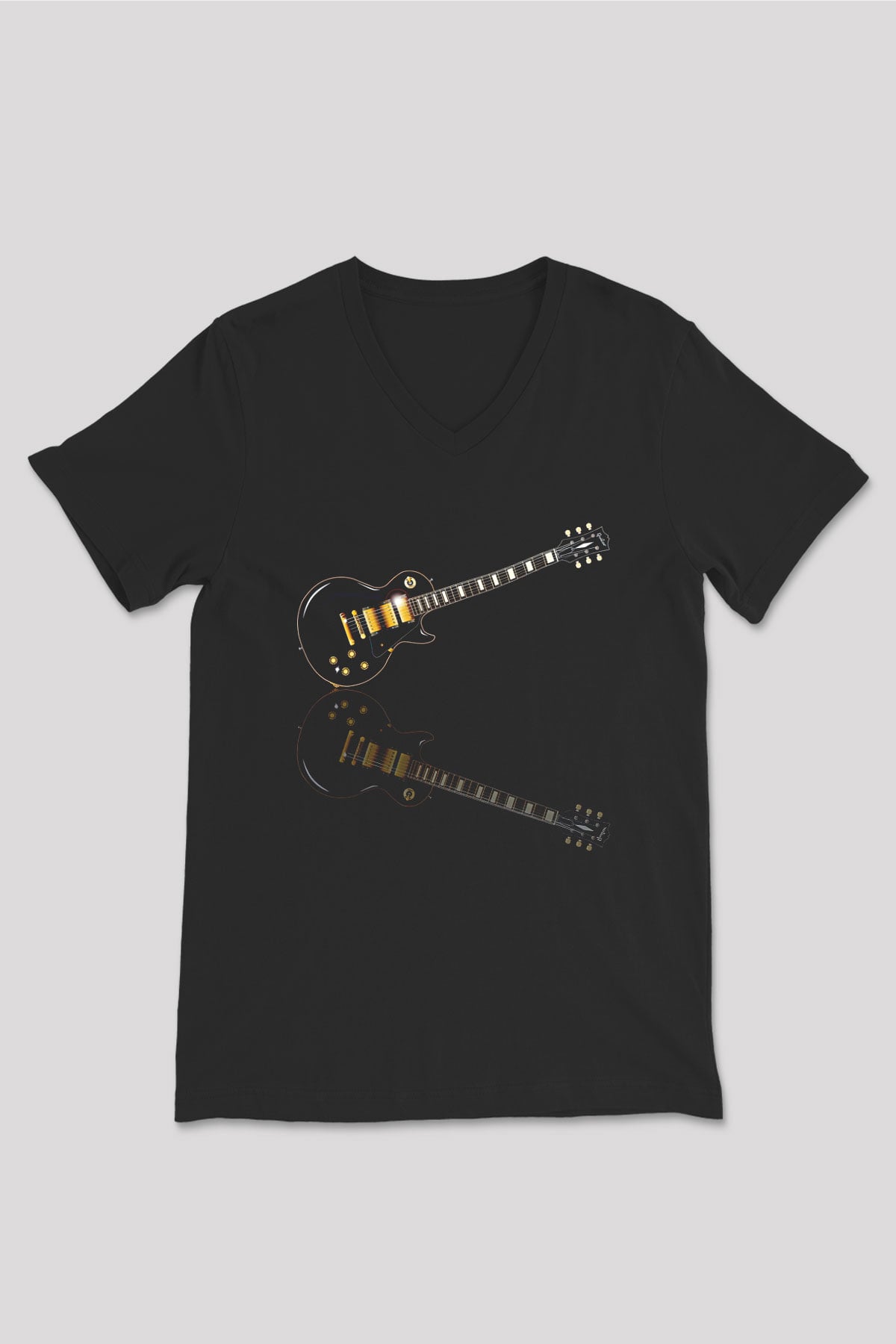 Elektro Gitar Baskılı Unisex Siyah V Yaka Tişört - Tshirt