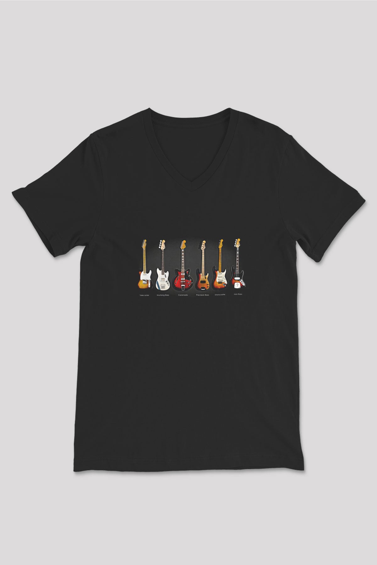 Elektro Gitar Baskılı Unisex Siyah V Yaka Tişört - Tshirt