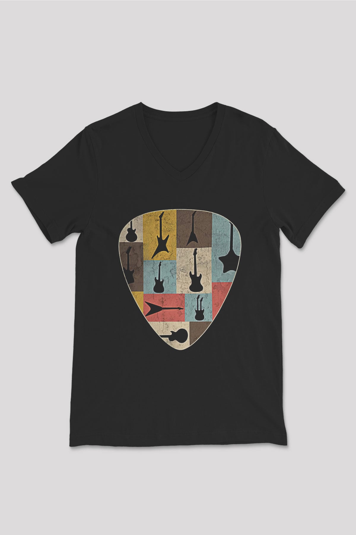 Elektro Gitar Baskılı Unisex Siyah V Yaka Tişört - Tshirt