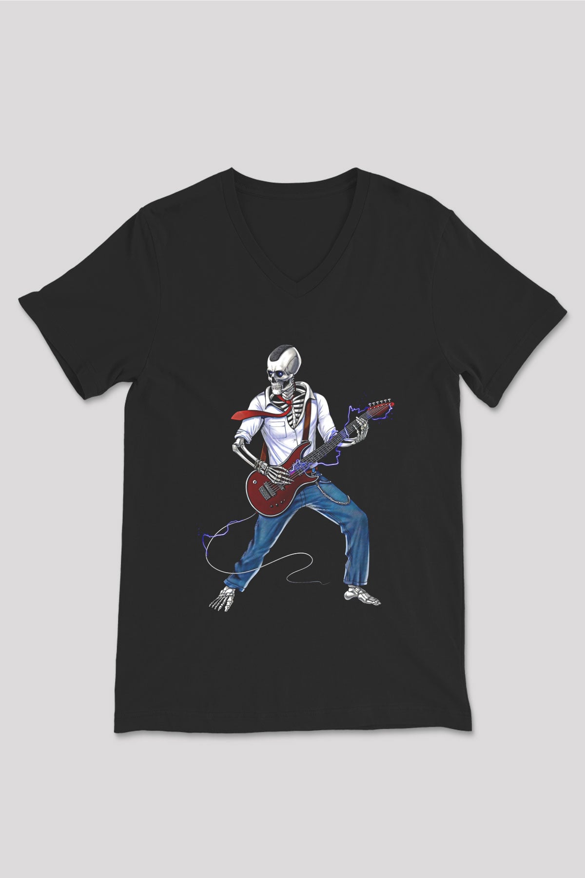 Elektro Gitar Baskılı Unisex Siyah V Yaka Tişört - Tshirt