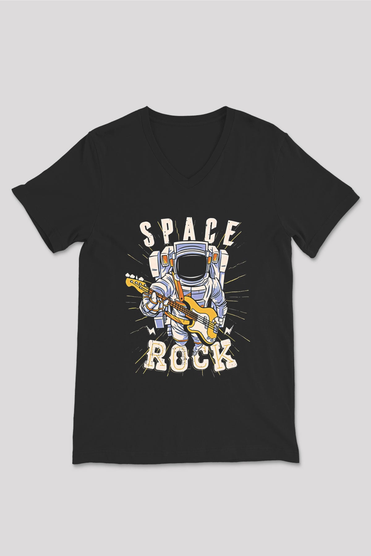 Elektro Gitar Baskılı Unisex Siyah V Yaka Tişört - Tshirt