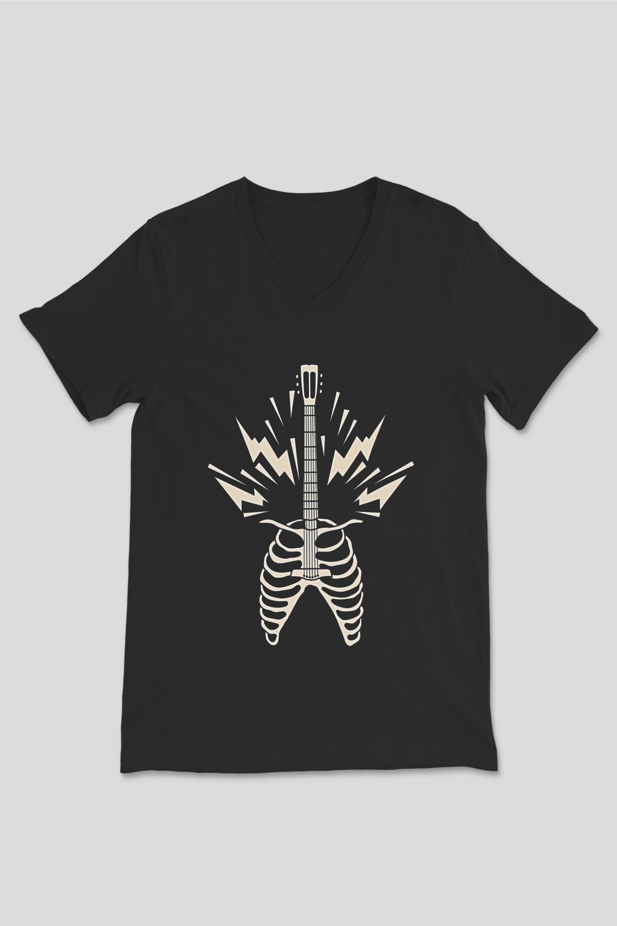 Elektro Gitar Baskılı Unisex Siyah V Yaka Tişört - Tshirt