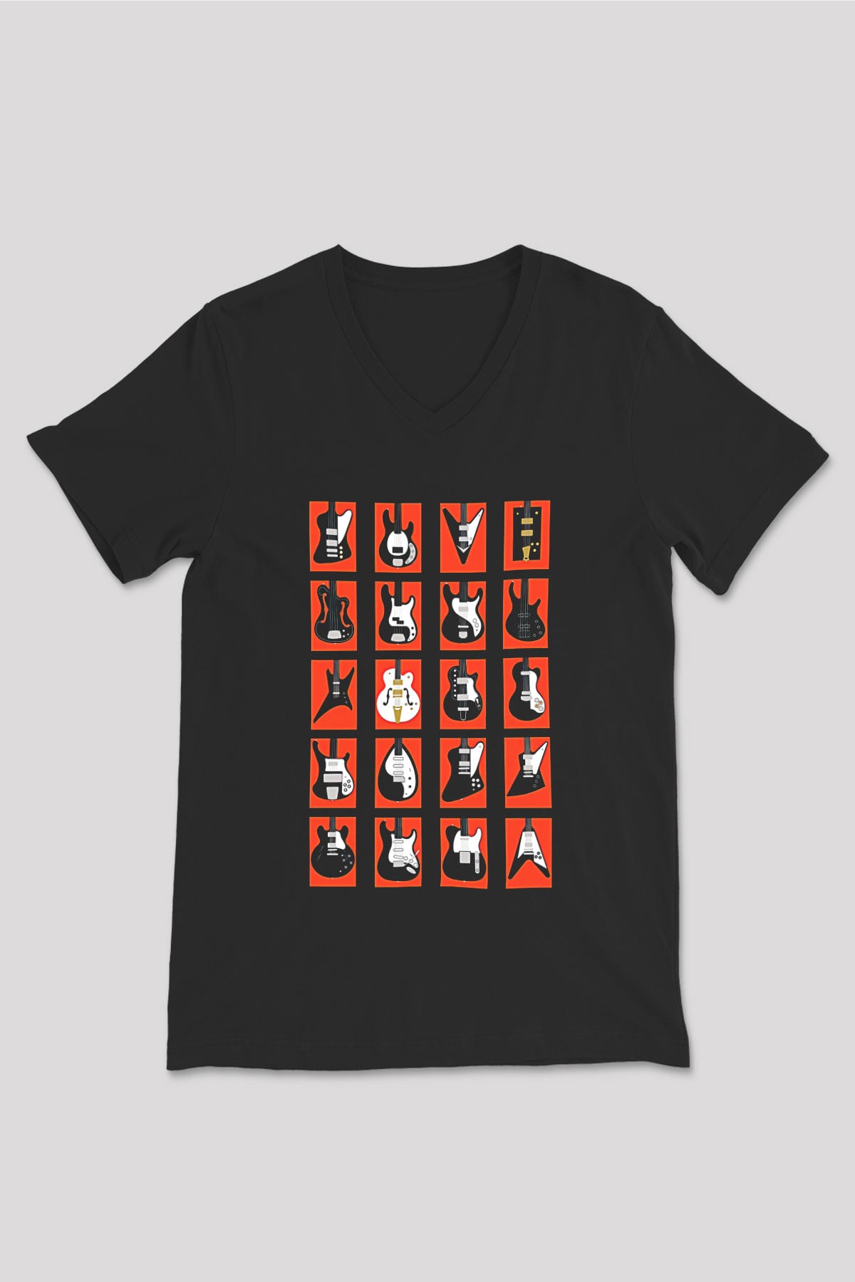 Elektro Gitar Baskılı Unisex Siyah V Yaka Tişört - Tshirt