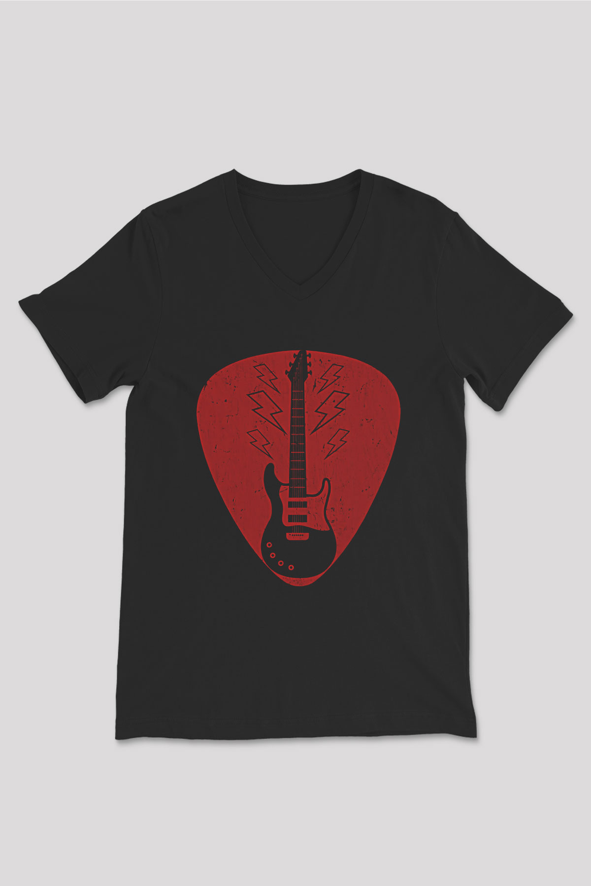 Elektro Gitar Baskılı Unisex Siyah V Yaka Tişört - Tshirt
