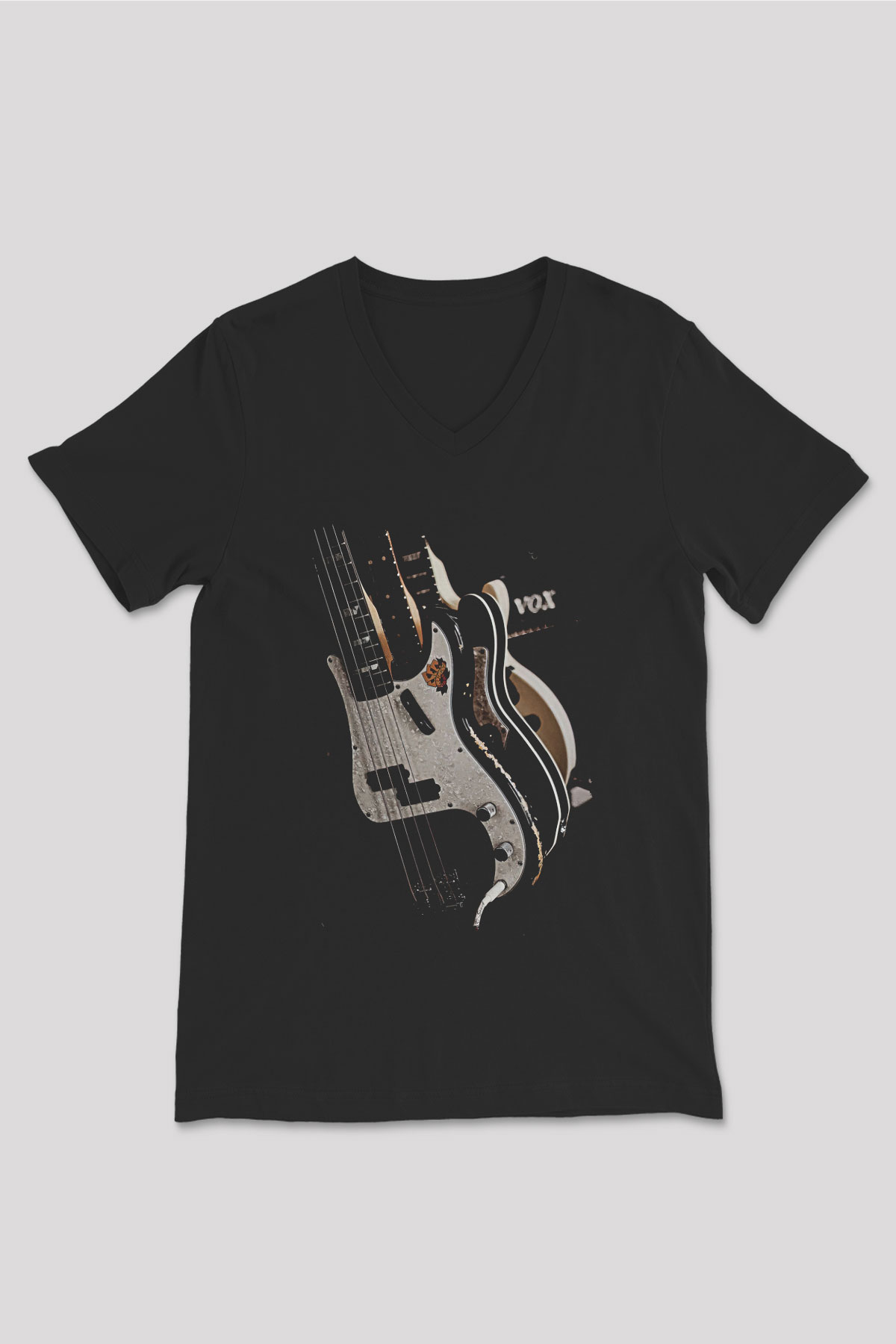 Elektro Gitar Baskılı Unisex Siyah V Yaka Tişört - Tshirt