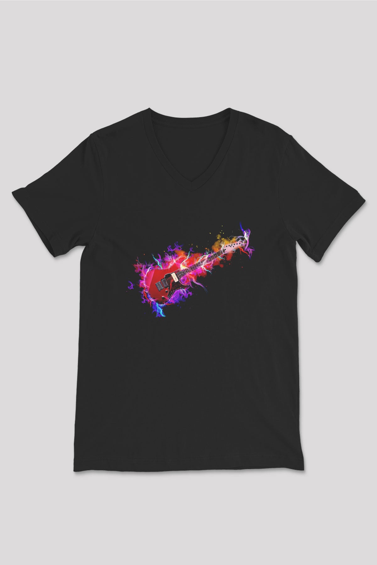 Elektro Gitar Baskılı Unisex Siyah V Yaka Tişört - Tshirt
